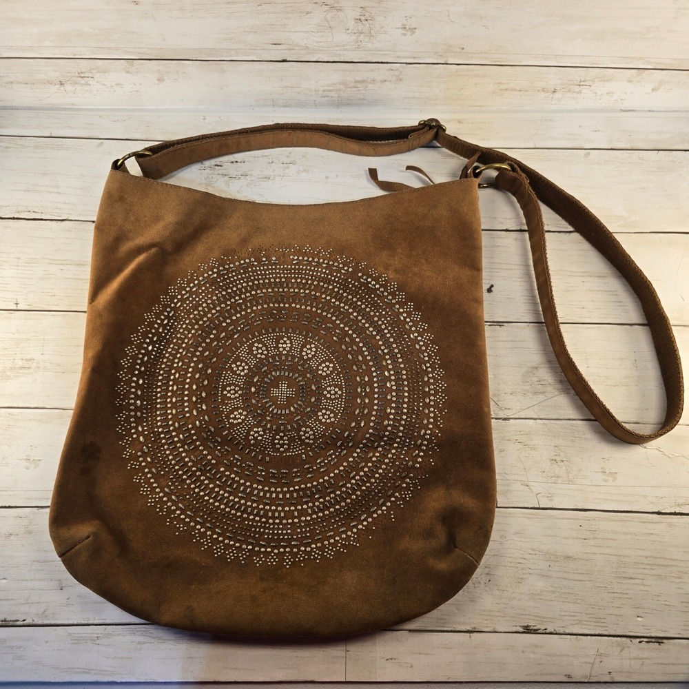 T-Shirt & Jeans Brown Faux Suede Studded Mandala Crossbody Hobo Bag Large Boho